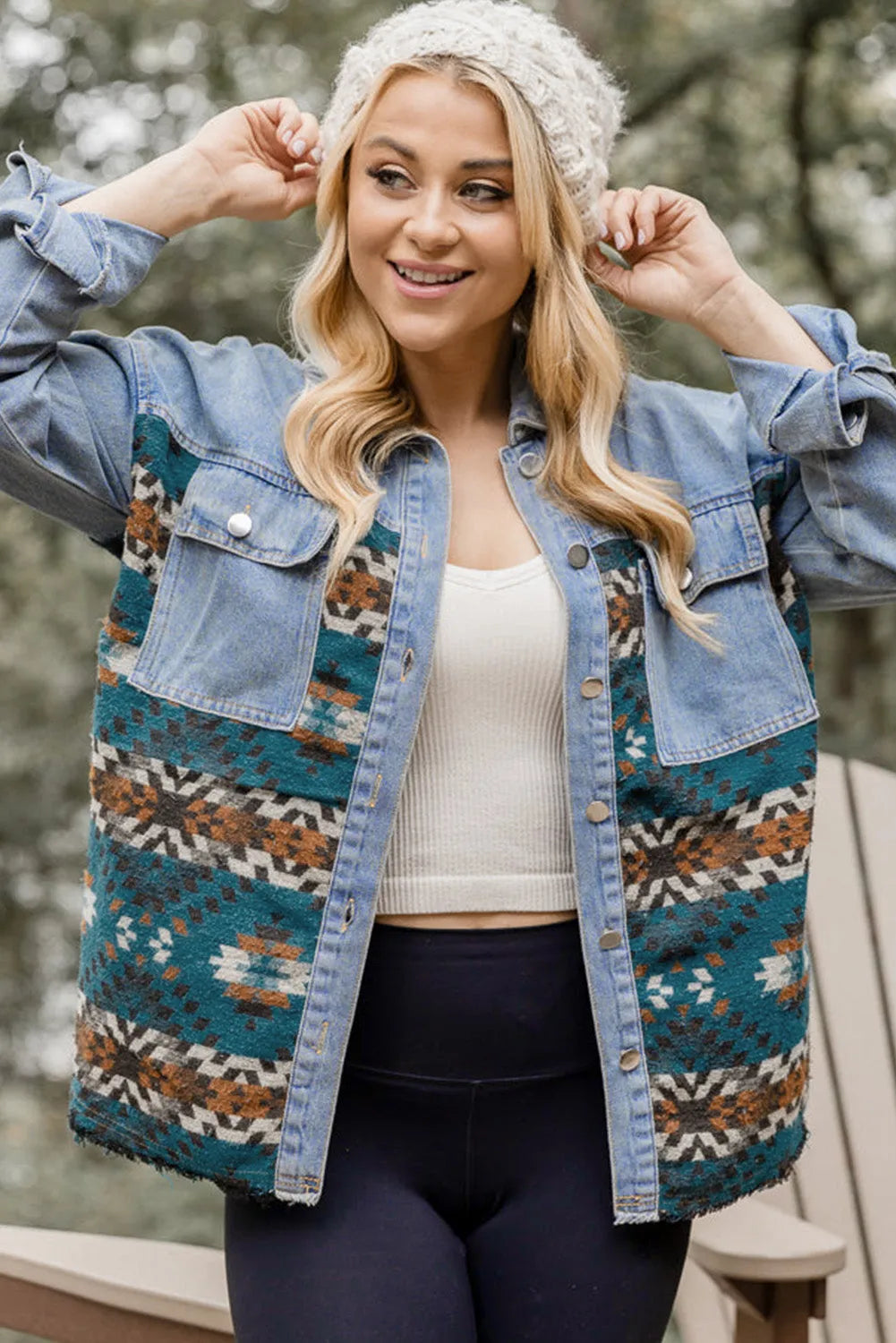 Blue Aztec Printed Denim Jacket - Chic Meadow Boutique 