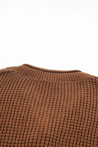 Coffee Pointelle Knit Button V Neck Drop Shoulder Sweater - Chic Meadow Boutique 