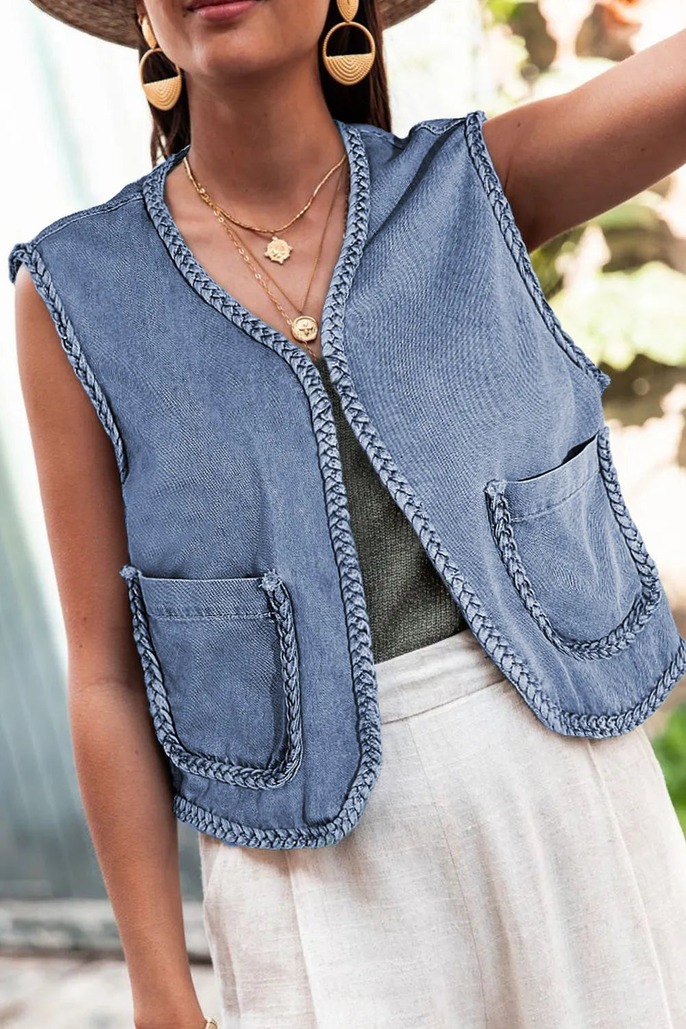 Ashleigh Blue Braided Trim Pocketed Denim Vest - Chic Meadow Boutique 