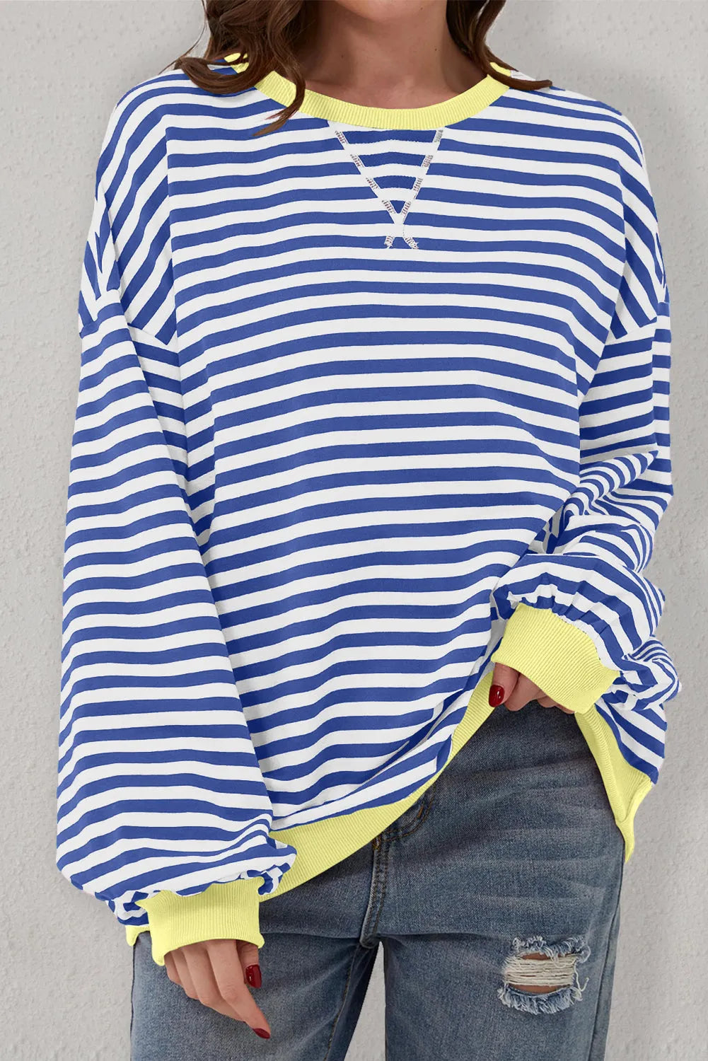 Blue Stripe Oversized Contrast Trim Pullover Sweatshirt - Chic Meadow Boutique 