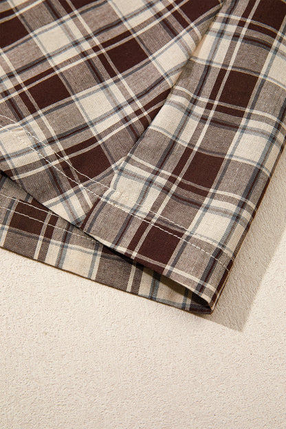 Brown Plaid Long Sleeve Short Shift Mini Dress