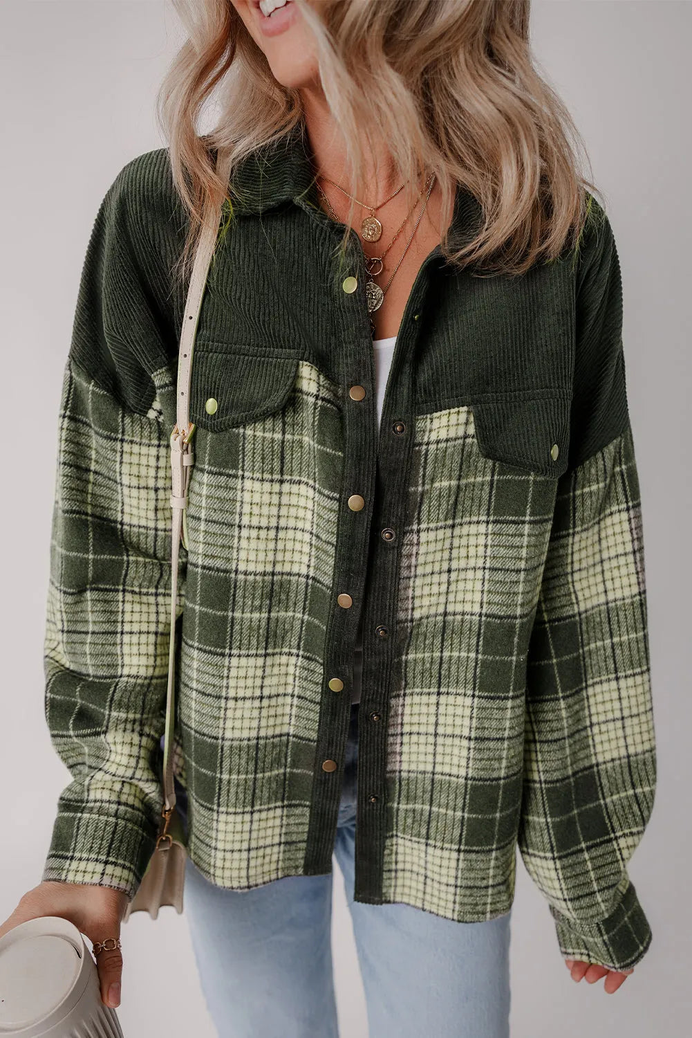 Blackish Green Snap Buttons Colorblock Plaid Shacket - Chic Meadow Boutique 