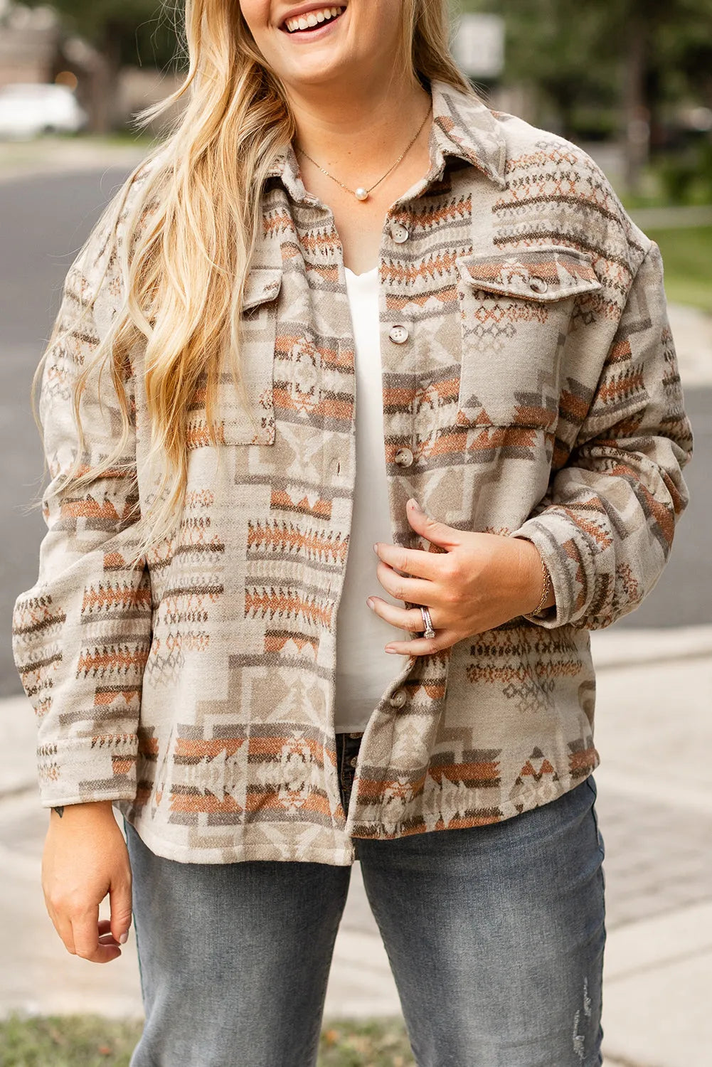 White Aztec Geometric Print Pockets Plus Size Jacket - Chic Meadow Boutique 