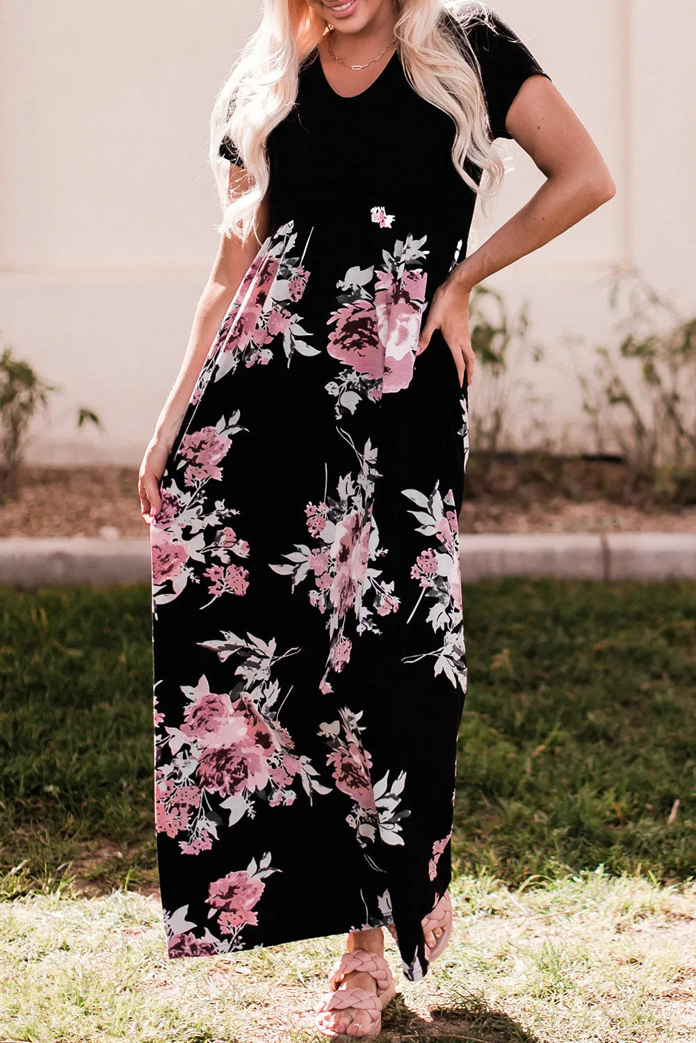 Black Contrast Floral Empire Waist Maxi Dress - Chic Meadow Boutique 