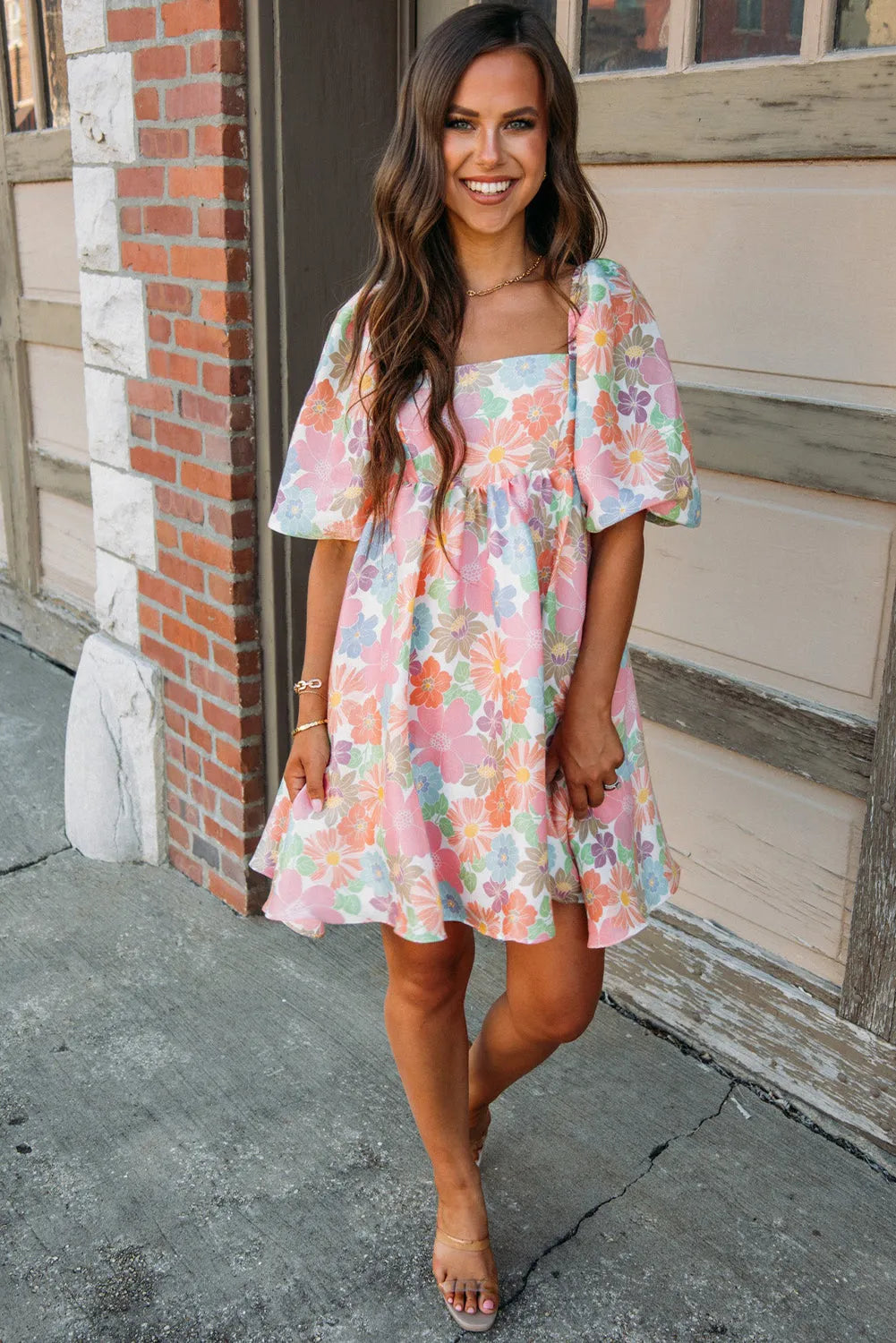 Pink Summer Floral Square Neck Puff Sleeve Babydoll Dress - Chic Meadow Boutique 