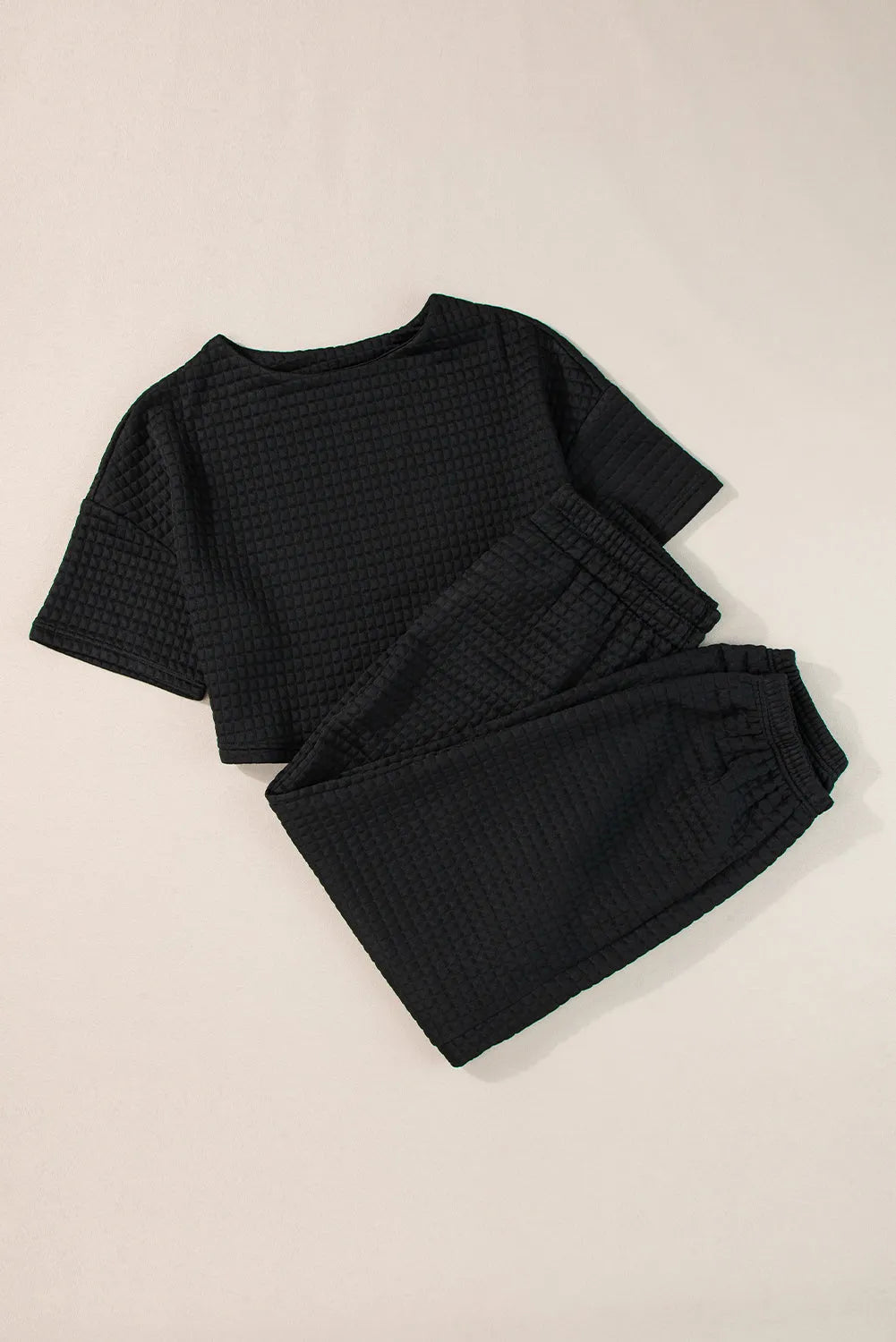 Black Lattice Textured Cropped Tee and Jogger Pants Set - Chic Meadow Boutique 