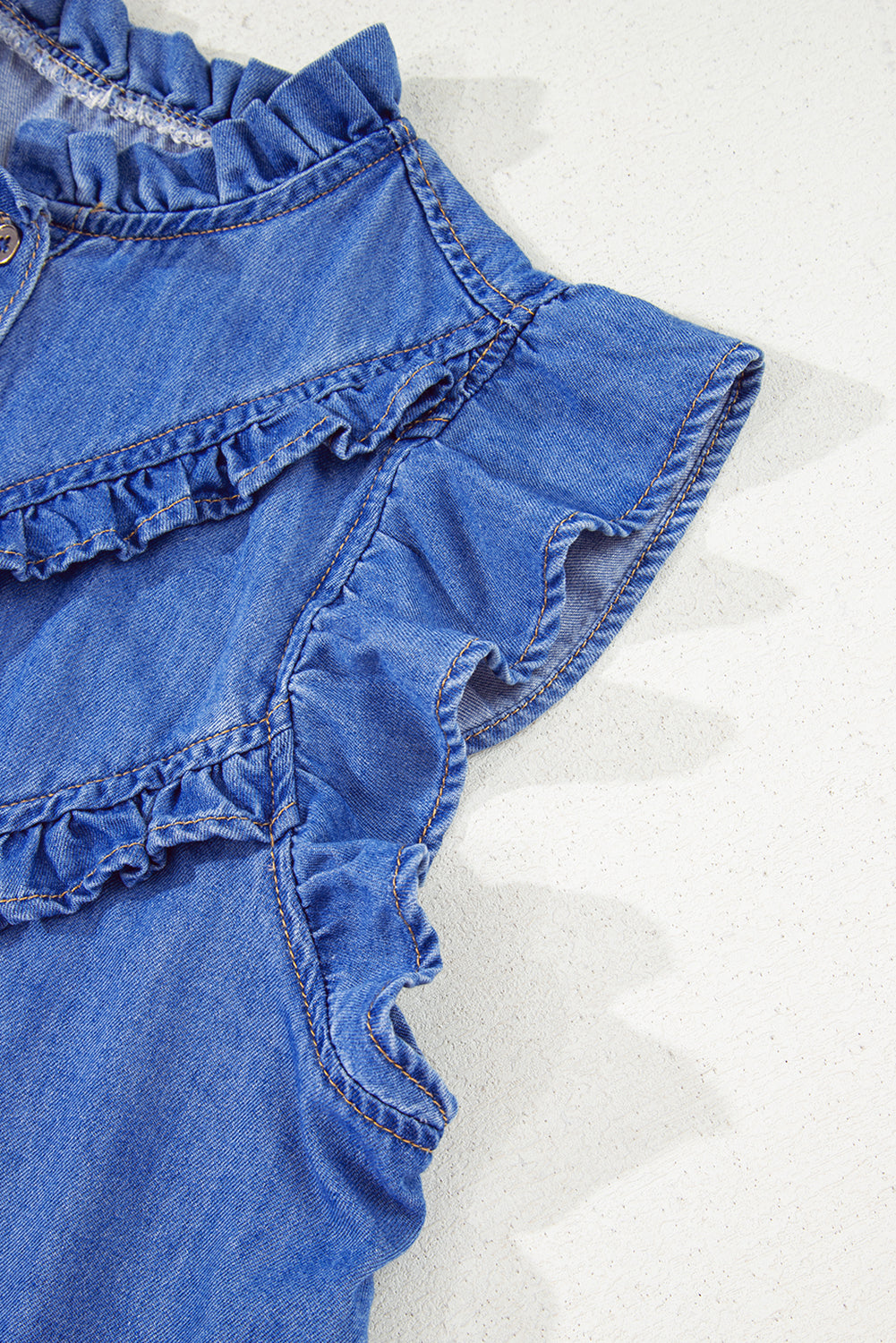 Sky Blue Mineral Wash Cap Sleeve Frilled Button Up Denim Shirt