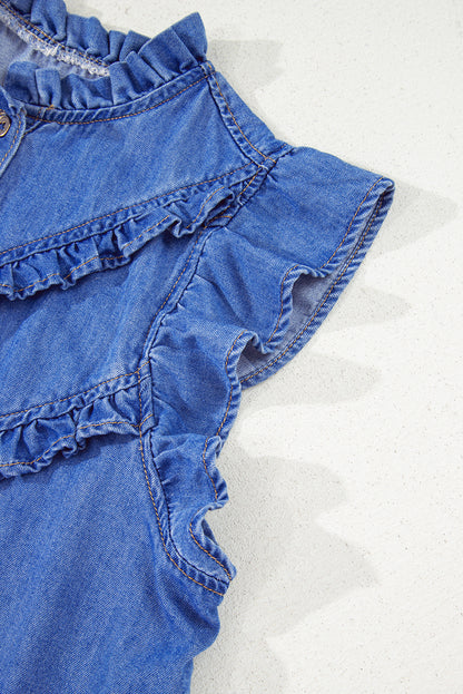 Sky Blue Mineral Wash Cap Sleeve Frilled Button Up Denim Shirt
