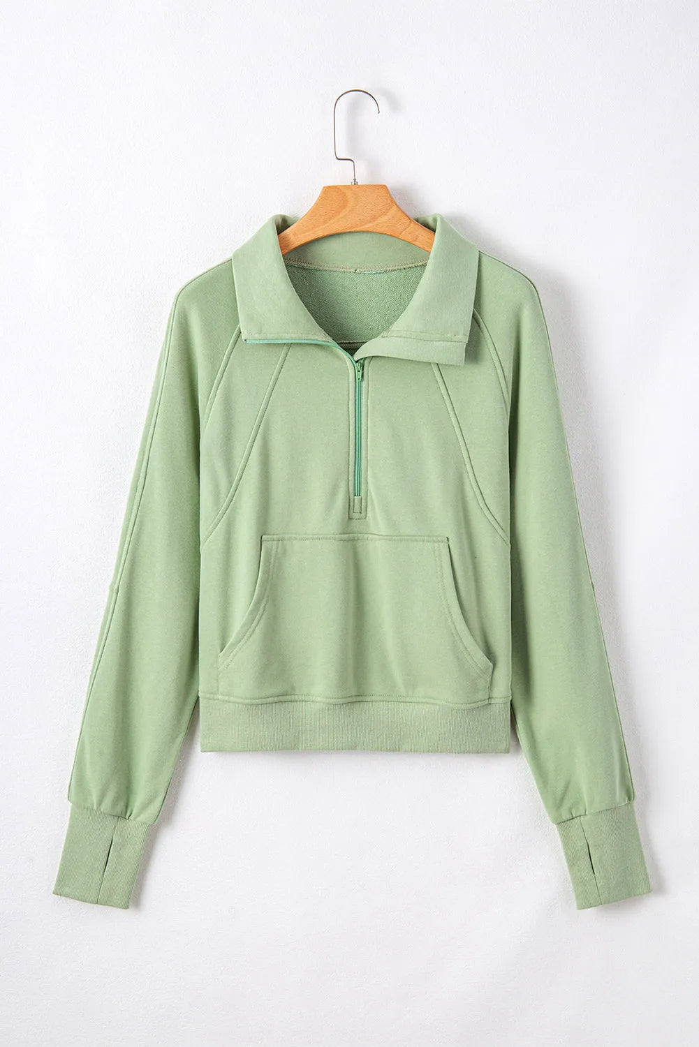 Smoke Green Quarter Zip Stand Neck Kangaroo Pocket Sweatshirt - Chic Meadow Boutique 