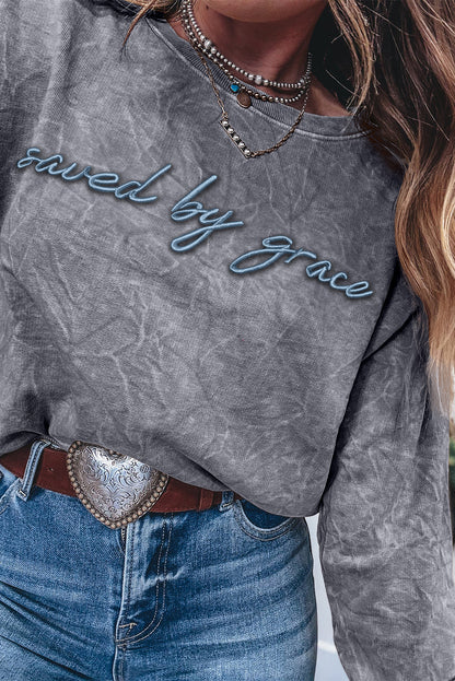 High-rise saved by grace Letter Embroidery Mineral Wash Loose Sweatshirt