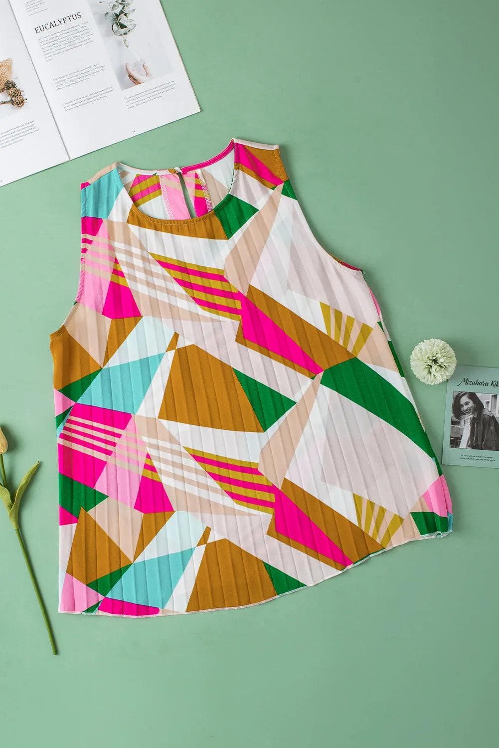 Tops/Tank Tops Multicolour Geometric Printed Pleated Shift Tank Top