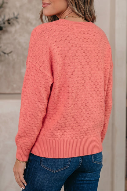 Coral Paradise Drop Shoulder Ribbed Knit Ribbed Long Sleeve Sweater