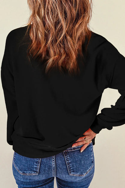 Black Rhinestone Rugby Football Pattern Crew Neck Pullover Sweatshirt - Chic Meadow Boutique 