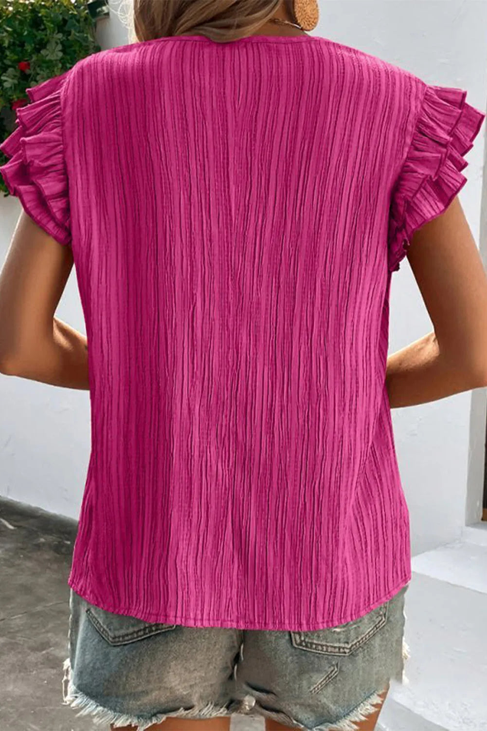 Rose Red Textured Ruffled Sleeve V Neck Top - Chic Meadow Boutique 