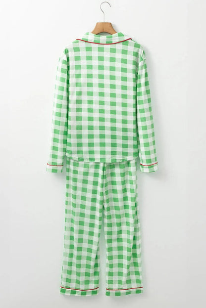 Loungewear & Sleepwear/Sleepwear Light Green Christmas Plaid Print Shirt and Pants Pajama Set