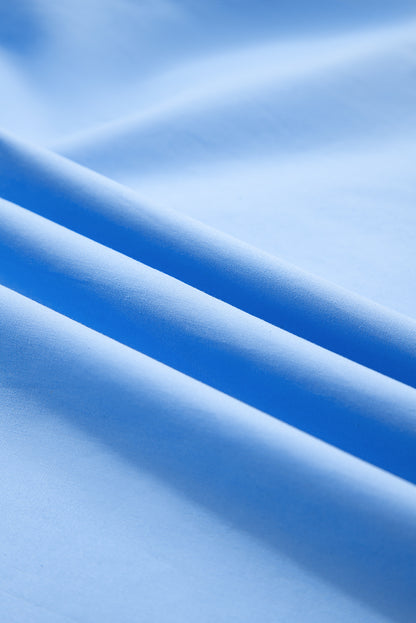 Sky Blue Contrast Striped V Neck Collision Short Puff Sleeve Blouse