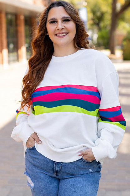 Plus Size/Plus Size Sweatshirts & Hoodies White Plus Size Colorful Striped Drop Shoulder Loose Sweatshirt