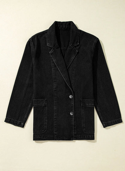 Black Side Pockets Lapel Collar Denim Jacket - Chic Meadow Boutique 