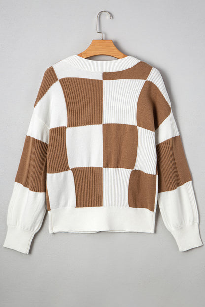 Khaki Checkered Pattern Ribbed Detail Button V Neck Sweater Cardigan