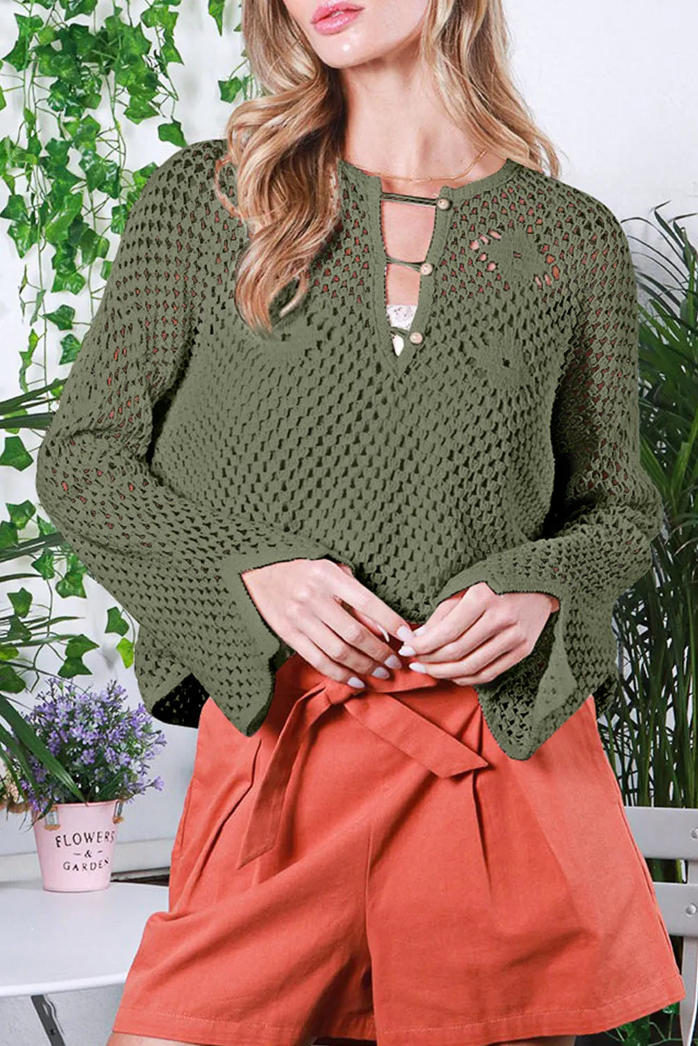 Vineyard Green Open Knit Buttoned Neck Split Sleeve Sweater - Chic Meadow Boutique 