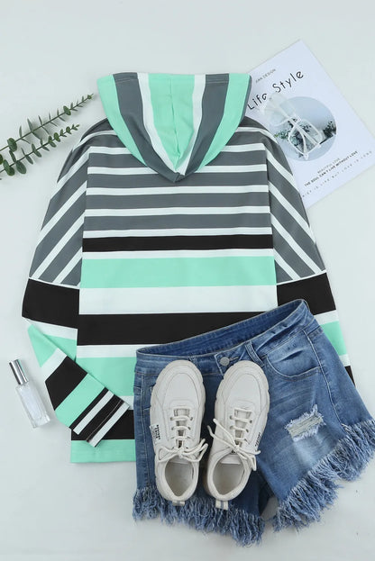 Green Striped Drawstring Long Sleeve Hoodie - Chic Meadow Boutique 