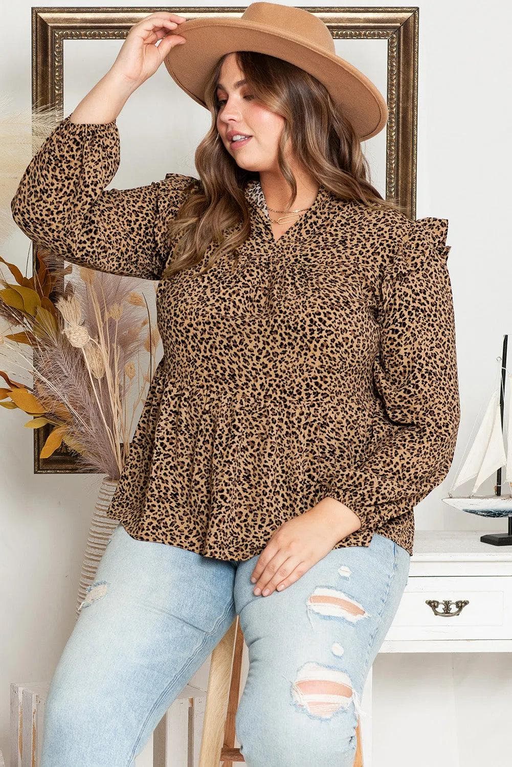 Plus Size/Plus Size Tops Leopard Frilled Shoulder Decor Plus Size Babydoll Top