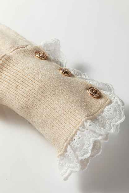 Jet Stream Lace Trim Patchwork Buttoned Cuffs Loose Sweater