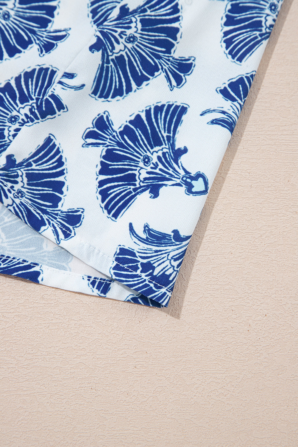 Sky Blue Geometric Print Tassel Drawstring V Neck Blouse