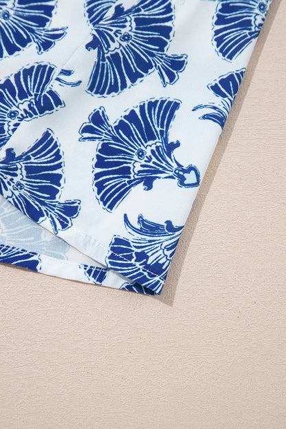 Sky Blue Geometric Print Tassel Drawstring V Neck Blouse