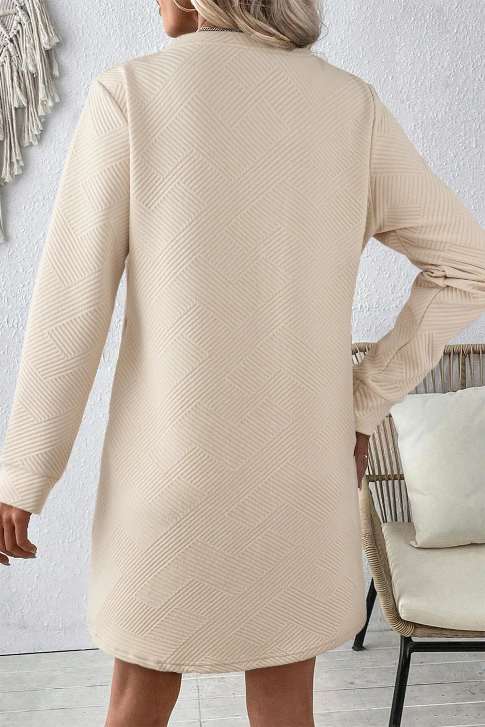 Apricot Solid Color Textured Long Sleeve Shift Dress - Chic Meadow Boutique 