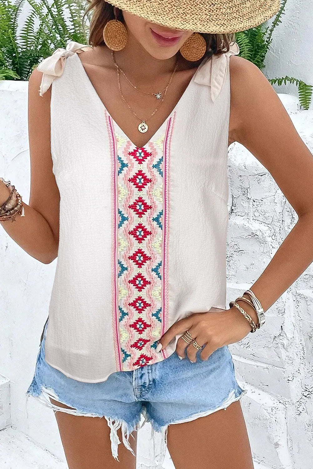 White Floral Embroidered Knot Straps Textured Tank Top - Chic Meadow Boutique 