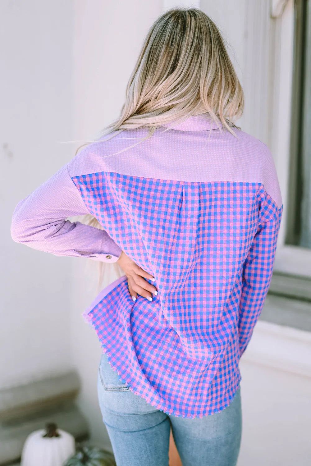 Purple Mixed Plaid Button Down Long Sleeve Chest Pocket Shirt - Chic Meadow Boutique 