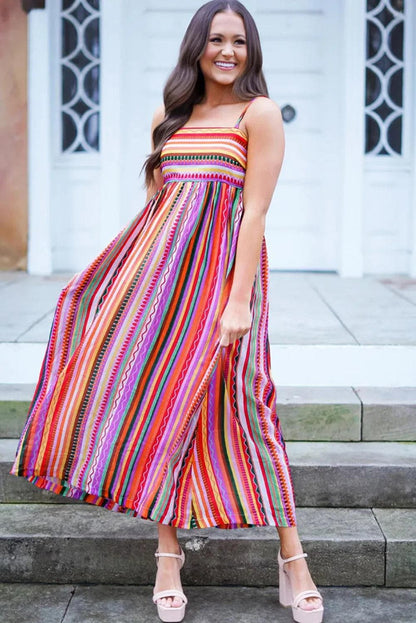 Dresses/Maxi Dresses Multicolour Striped Thin Straps Smocked Back Boho Maxi Dress