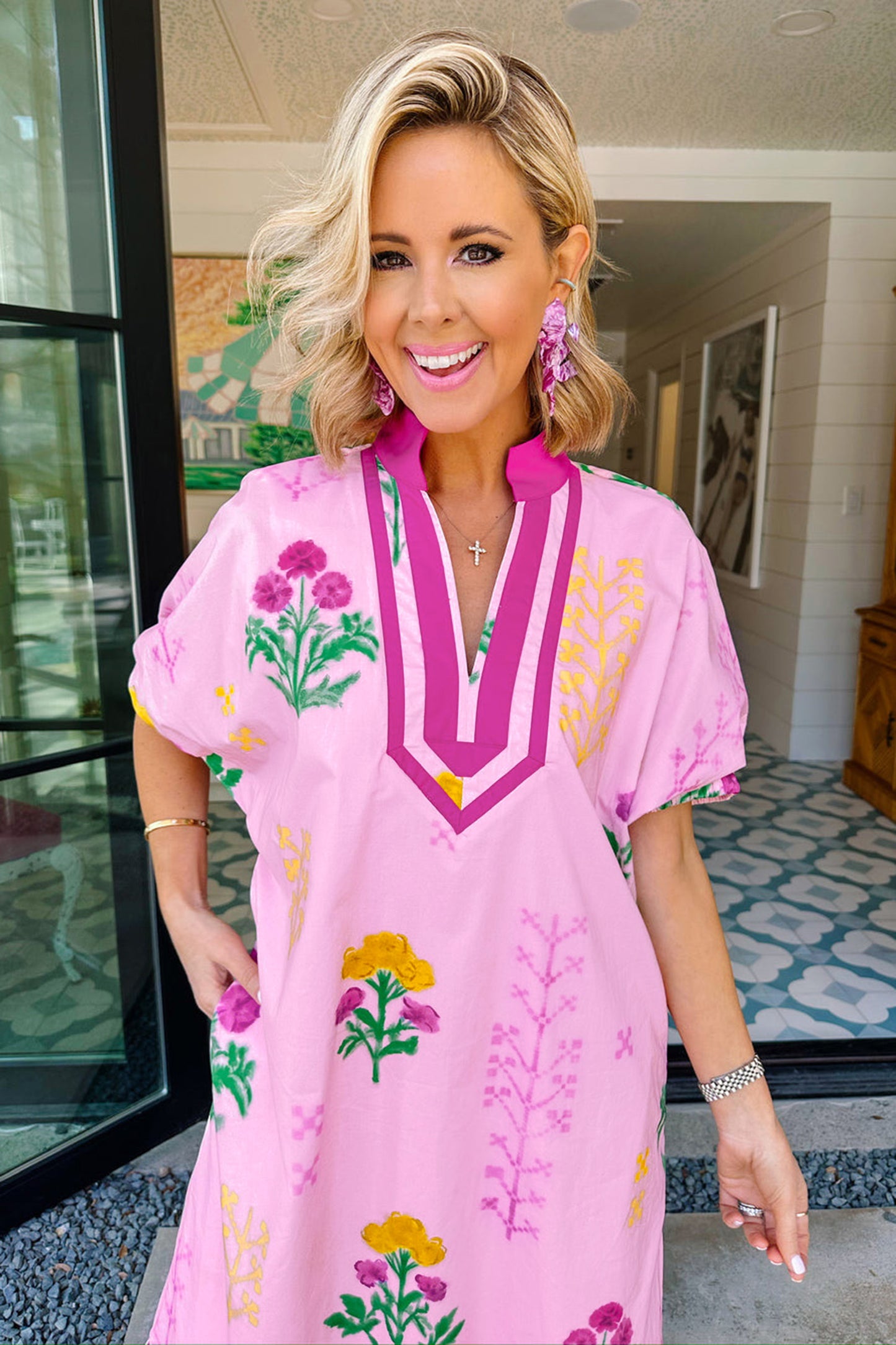 Pink Floral Print Short Sleeve Colorblcok Trim V Neck Midi Dress