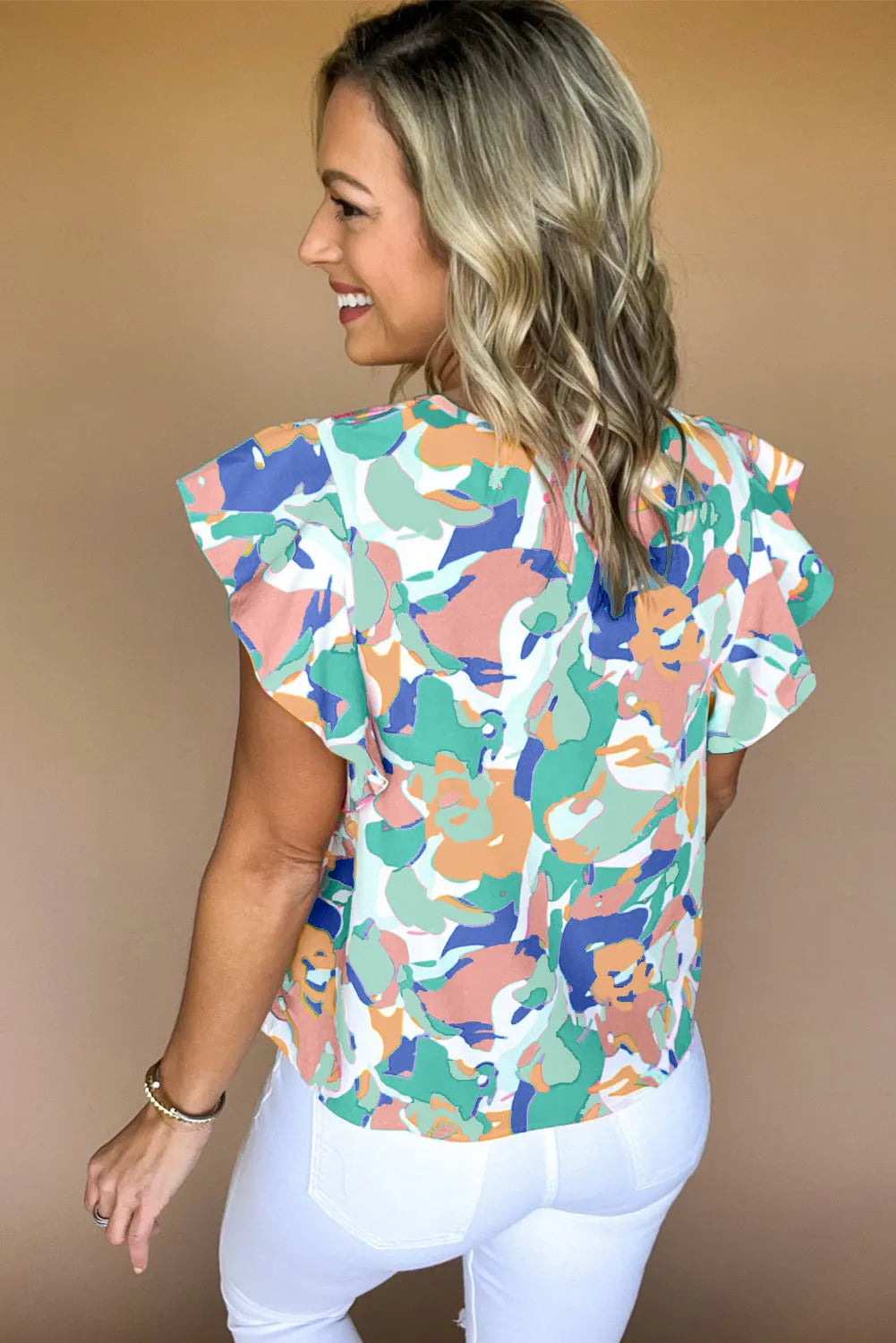 Green Abstract Print Notched Neck Flutter Sleeve Blouse - Chic Meadow Boutique 