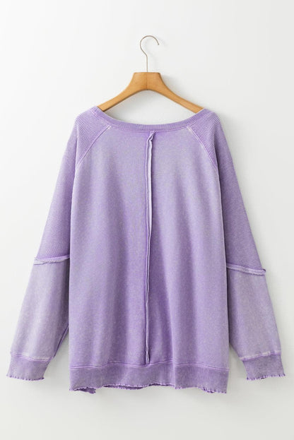 Plus Size/Plus Size Sweatshirts & Hoodies Orchid Petal Textured Patchwork Frilled Trim Plus Size Pullover Sweatshirt