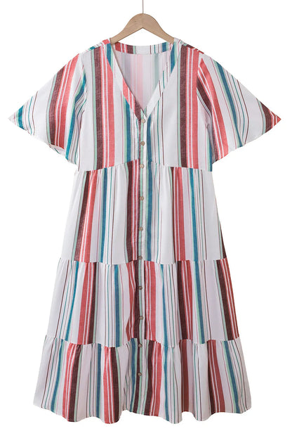 Serape Striped V Neck Buttoned Shirt Dress - Chic Meadow Boutique 