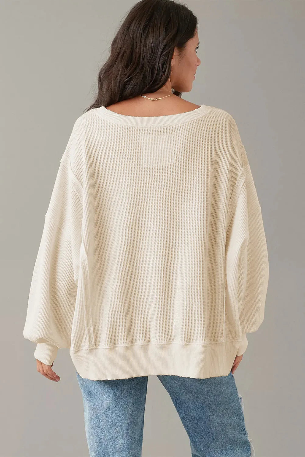 Tops/Sweatshirts & Hoodies White Waffle Knit Bishop Sleeve Split Oversized Sweatshirt