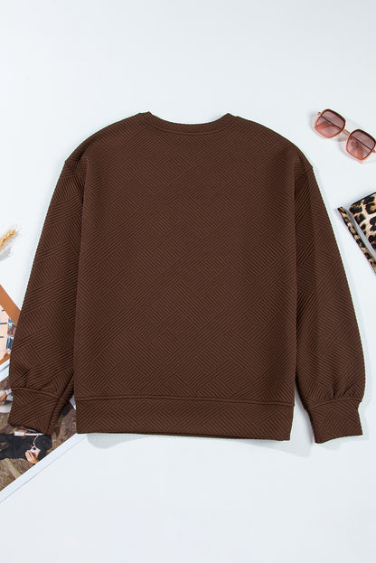 Coffee Solid Color Textured Round Neck Drop Shoulder Pullover Sweatshirt