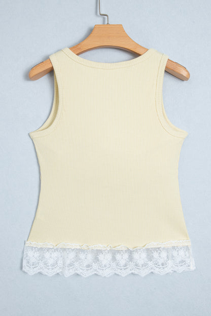 Beige Ribbed Knit Sweet Lace Hem Vest