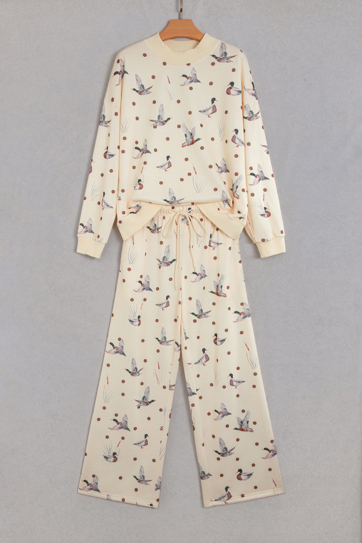 Beige Polka Dot Mallard Print Crewneck Pullover Two Piece Pants Set