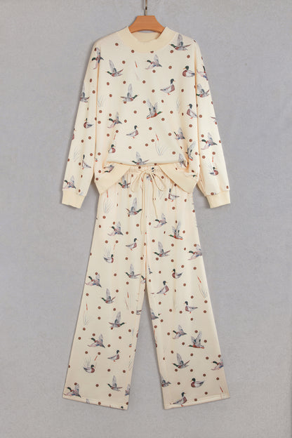 Beige Polka Dot Mallard Print Crewneck Pullover Two Piece Pants Set