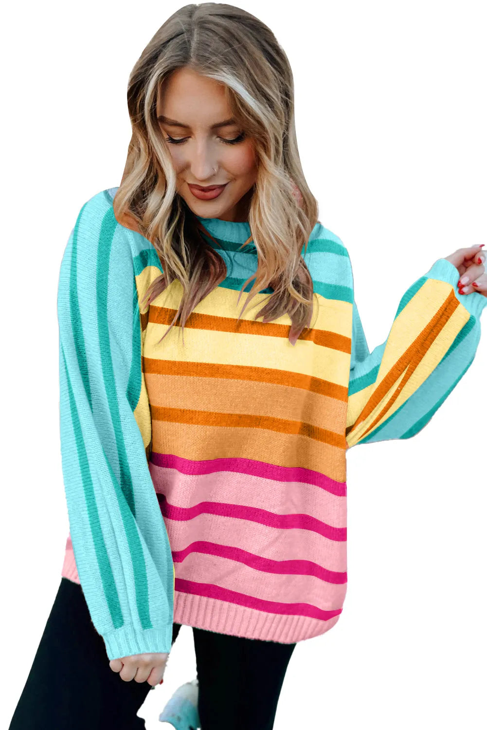 Yellow Stripe Gradient Striped Ribbed Edge Loose Sweater - Chic Meadow Boutique 