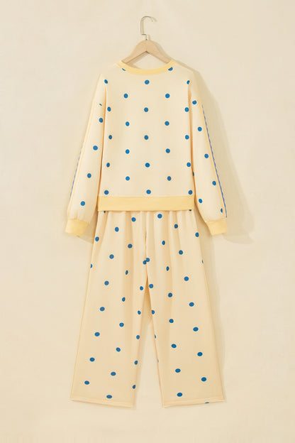 Yellow Polka Dot Long Sleeve Top Patchwork Detail Loose Pant Set