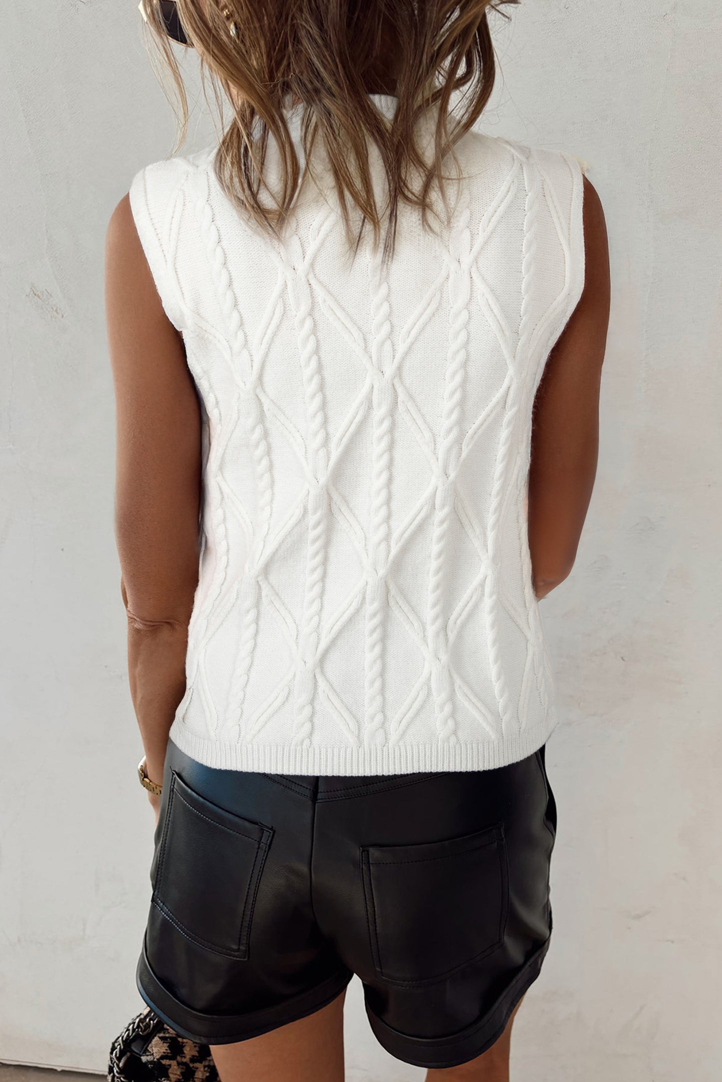 White Pearled High Neck Textured Knit Sweater Vest