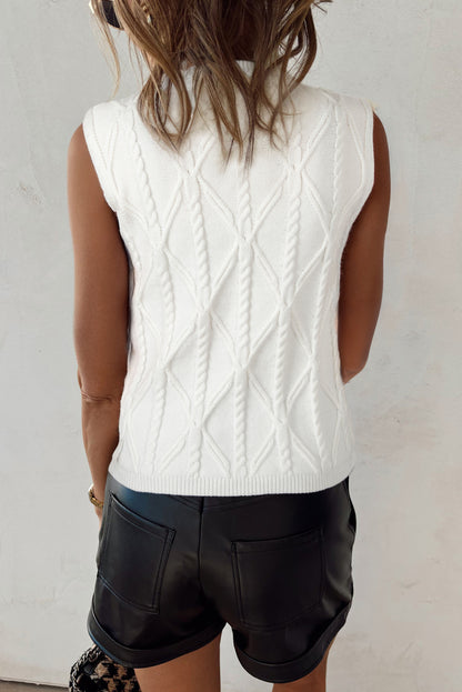 White Pearled High Neck Textured Knit Sweater Vest