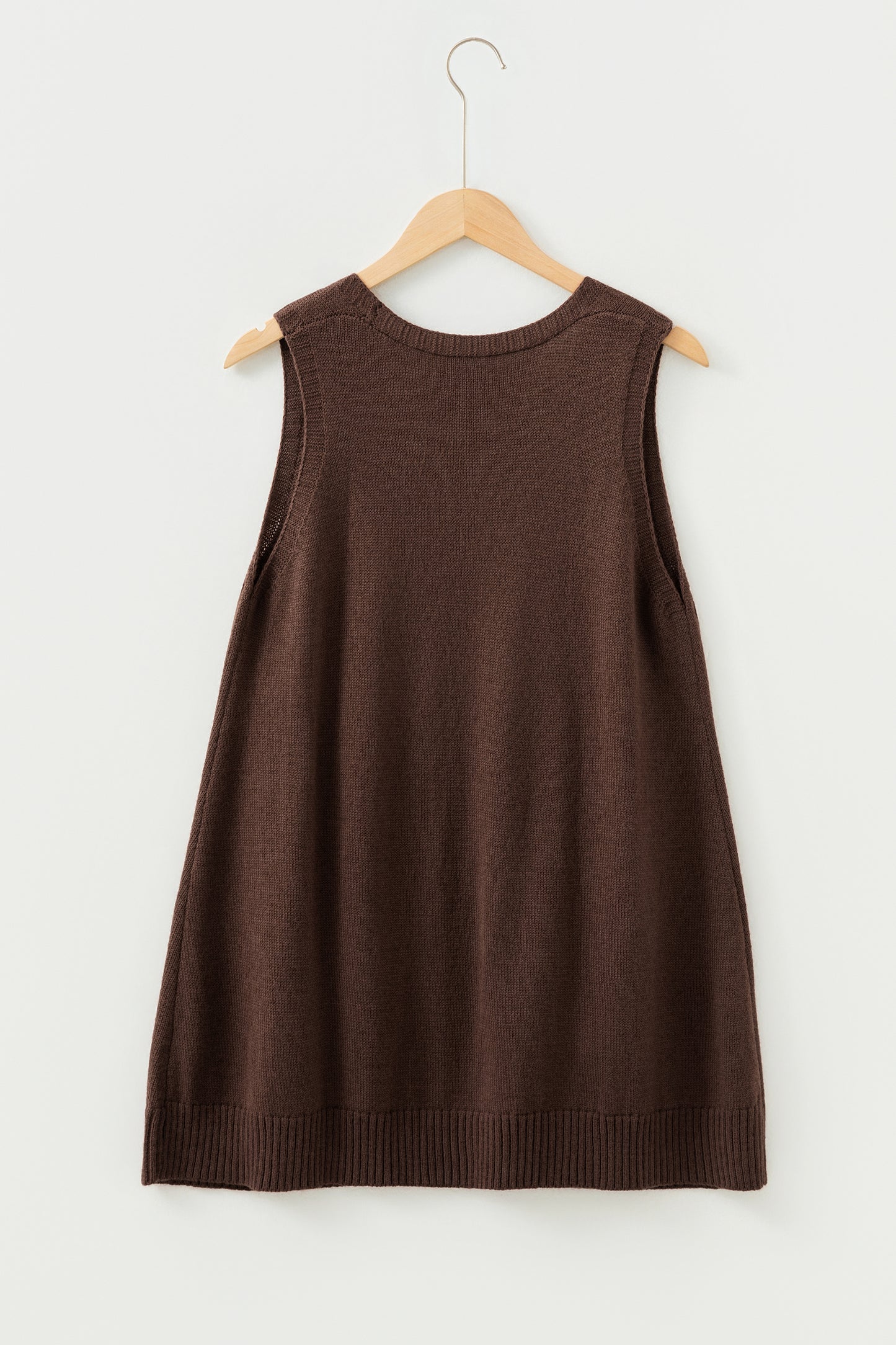 Dark Brown Ribbed Deep V Neckline Front Pocketed Loose Tunic Sweater Vest