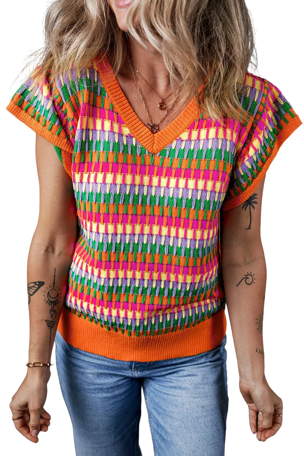 Orange Multicolor Flutter Sleeve Knitted Sweater Top - Chic Meadow Boutique 