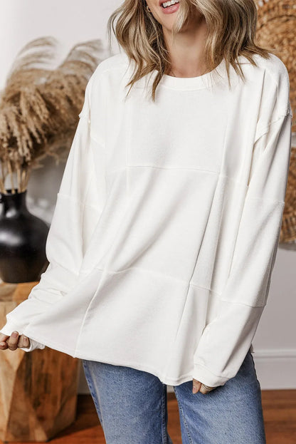 White Solid Color Patchwork Drop Shoulder Baggy Sweatshirt - Chic Meadow Boutique 