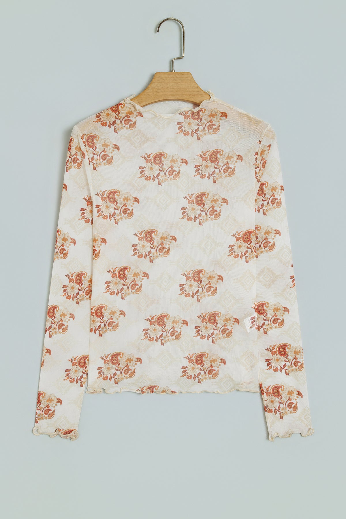 Apricot Floral Print Slim Fit Mesh Long Sleeve Mock Neck Top